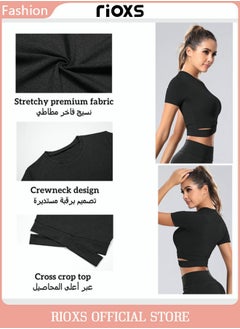 RIOXS Women's Short Sleeve Athletic Crop Tops, Training Short Tops, Comfortable Yoga Tops, Stretchy Quick-drying Running Tank Tops, Slim Fit T-shirt with Cross-cutting Design, Suitable for All Sports Indoors and Outdoors  - Image 4