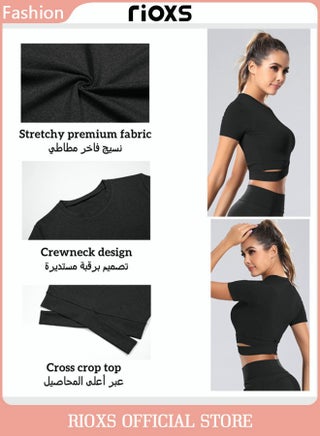 Women's Short Sleeve Athletic Crop Tops, Training Short Tops, Comfortable Yoga Tops, Stretchy Quick-drying Running Tank Tops, Slim Fit T-shirt with Cross-cutting Design, Suitable for All Sports Indoors and Outdoors - view 4