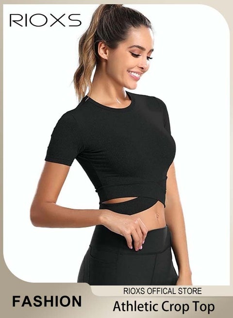 Women's Short Sleeve Athletic Crop Tops, Training Short Tops, Comfortable Yoga Tops, Stretchy Quick-drying Running Tank Tops, Slim Fit T-shirt with Cross-cutting Design, Suitable for All Sports Indoors and Outdoors