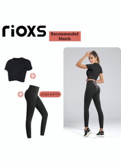 RIOXS Women's Short Sleeve Athletic Crop Tops, Training Short Tops, Comfortable Yoga Tops, Stretchy Quick-drying Running Tank Tops, Slim Fit T-shirt with Cross-cutting Design, Suitable for All Sports Indoors and Outdoors  - Image 5