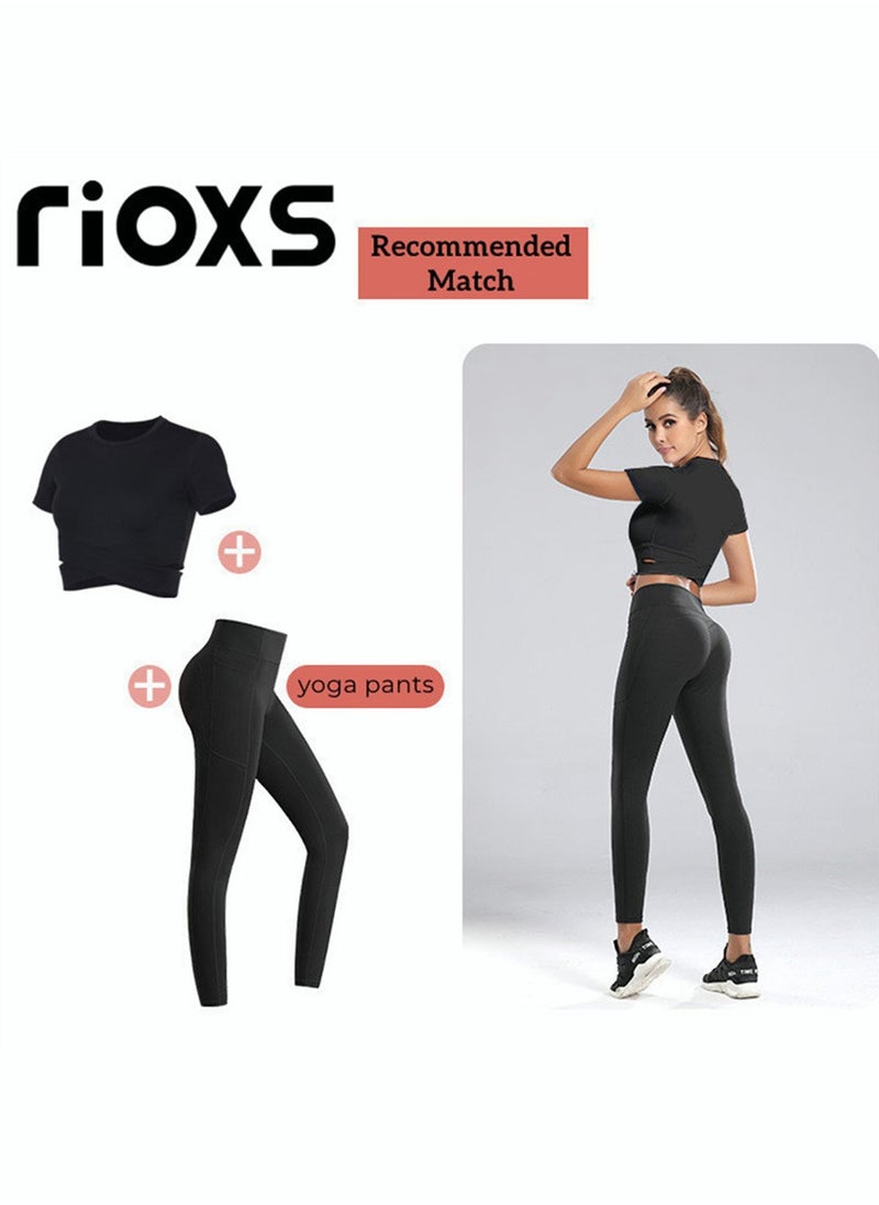 RIOXS - Women's Short Sleeve Athletic Crop Tops, Training Short Tops, Comfortable Yoga Tops, Stretchy Quick-drying Running Tank Tops, Slim Fit T-shirt with Cross-cutting Design, Suitable for All Sports Indoors and Outdoors - Image 1