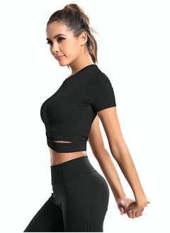 RIOXS Women's Short Sleeve Athletic Crop Tops, Training Short Tops, Comfortable Yoga Tops, Stretchy Quick-drying Running Tank Tops, Slim Fit T-shirt with Cross-cutting Design, Suitable for All Sports Indoors and Outdoors  - Image 2