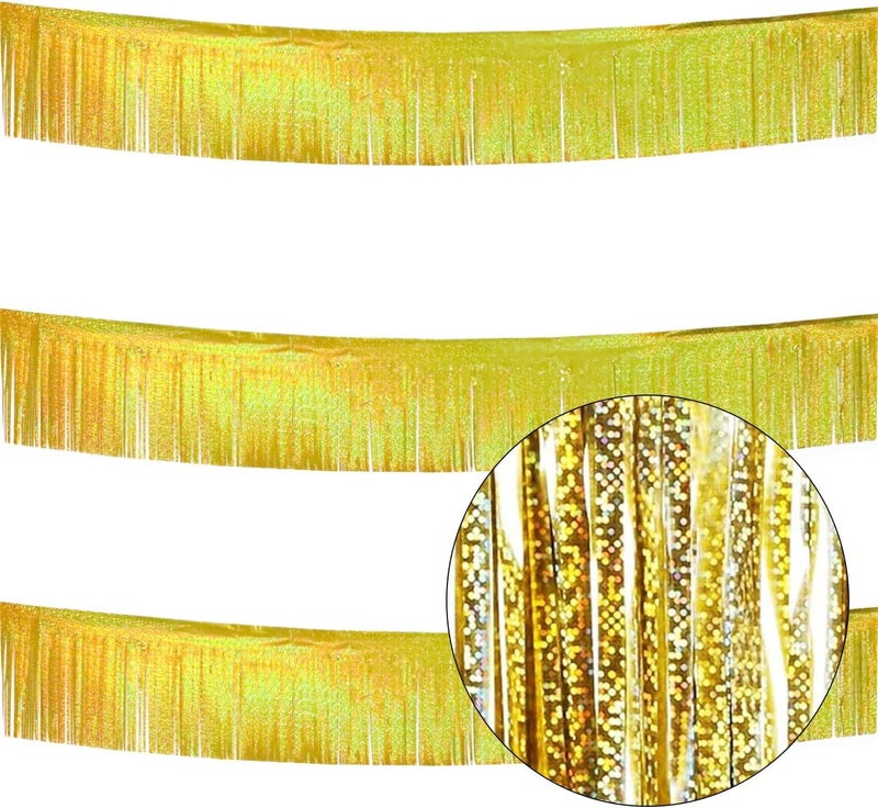 CareCheer 3 Pack Total 30 Feet Foil Fringe Garland Lilac Gold Metallic Wall Hanging Drapes Tassel Skirting Iridescent Gold Tinsel Streamers for Parade Float Trailer Mardi Gras Party Birthday Wedding - Image 1