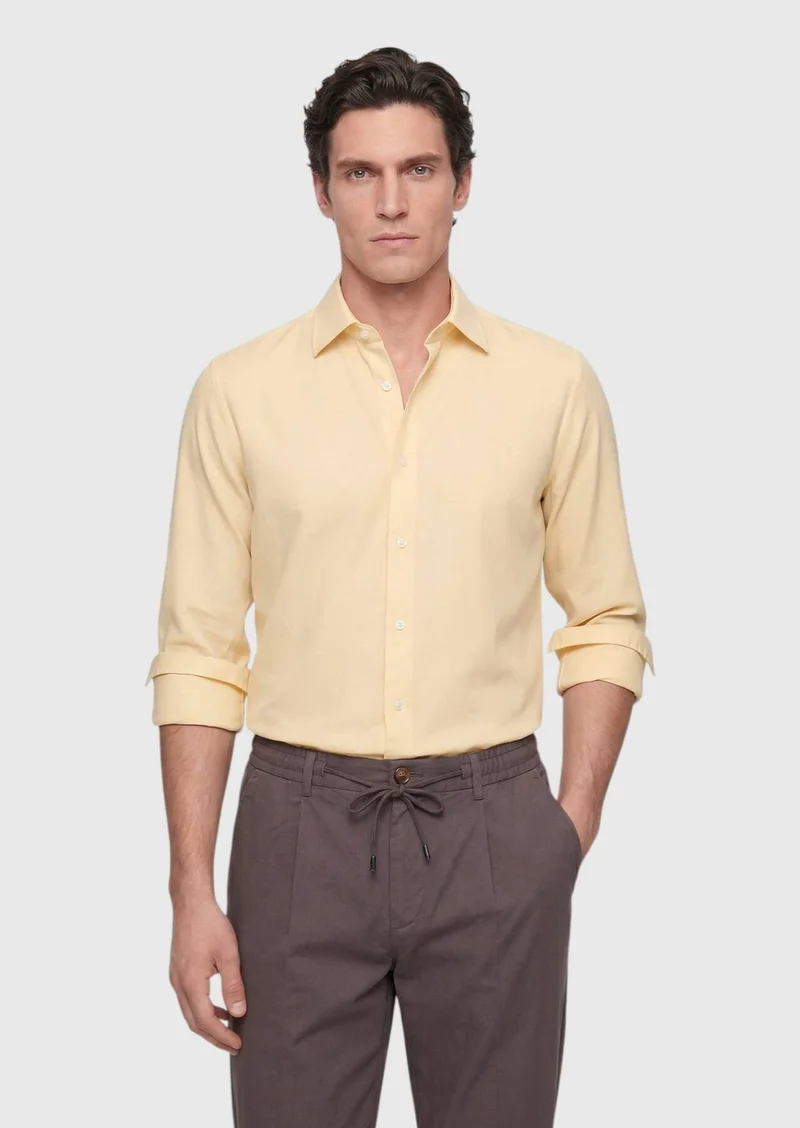 Ramsey Light Yellow Plain Casual Fit Long Weaving Casual 100% Cotton Shirt