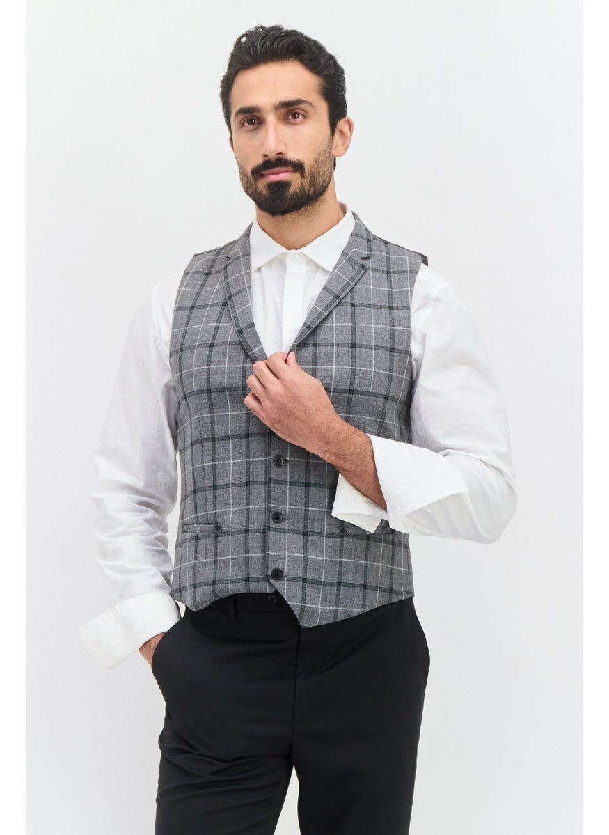 SELECTED Men Checkered Waist Coat, Grey  - Image 1