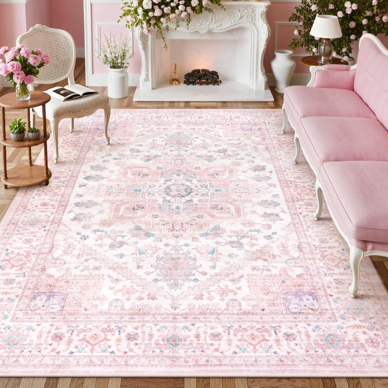 LIVEBOX Pink Washable Area Rug 8x10 - Large Vintage Tribal Living Room Rug Oriental for Bedroom, Non-Slip Retro Medallion Carpet Print Distressed for Dining Room Nursery Dorm Home Decor - Image 1