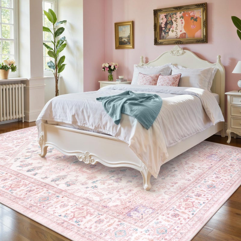 LIVEBOX Pink Washable Area Rug 8x10 - Large Vintage Tribal Living Room Rug Oriental for Bedroom, Non-Slip Retro Medallion Carpet Print Distressed for Dining Room Nursery Dorm Home Decor - Image 3