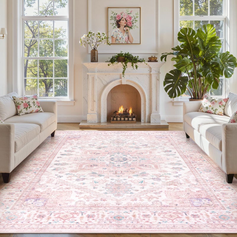 LIVEBOX Pink Washable Area Rug 8x10 - Large Vintage Tribal Living Room Rug Oriental for Bedroom, Non-Slip Retro Medallion Carpet Print Distressed for Dining Room Nursery Dorm Home Decor - Image 2