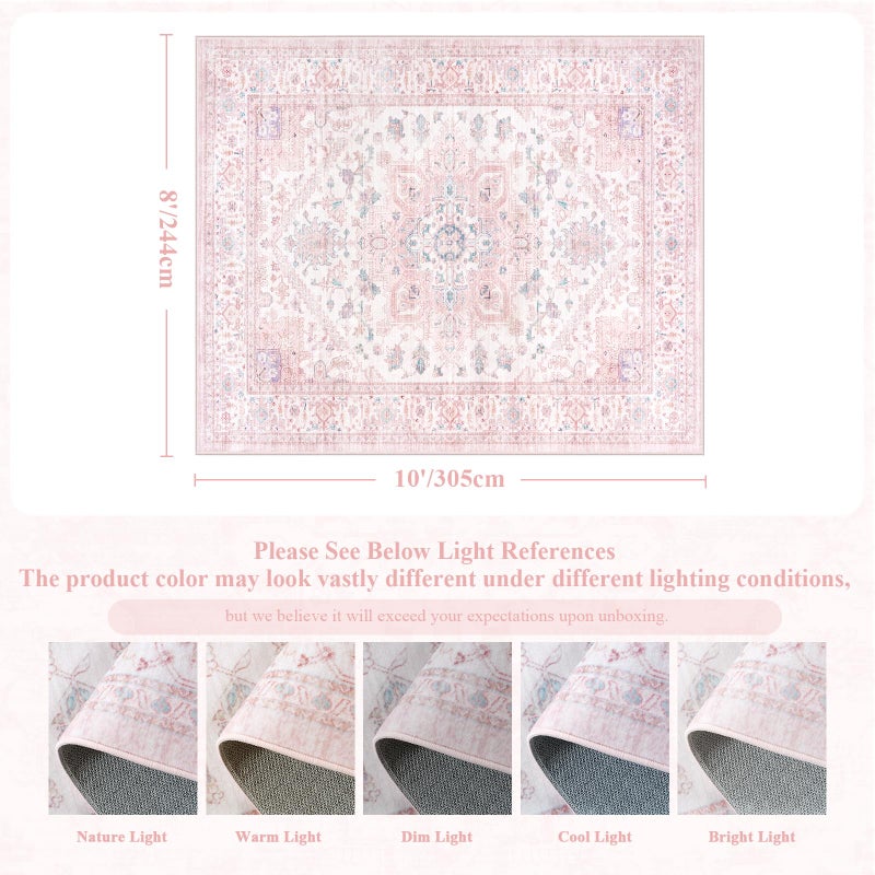 LIVEBOX Pink Washable Area Rug 8x10 - Large Vintage Tribal Living Room Rug Oriental for Bedroom, Non-Slip Retro Medallion Carpet Print Distressed for Dining Room Nursery Dorm Home Decor - Image 5