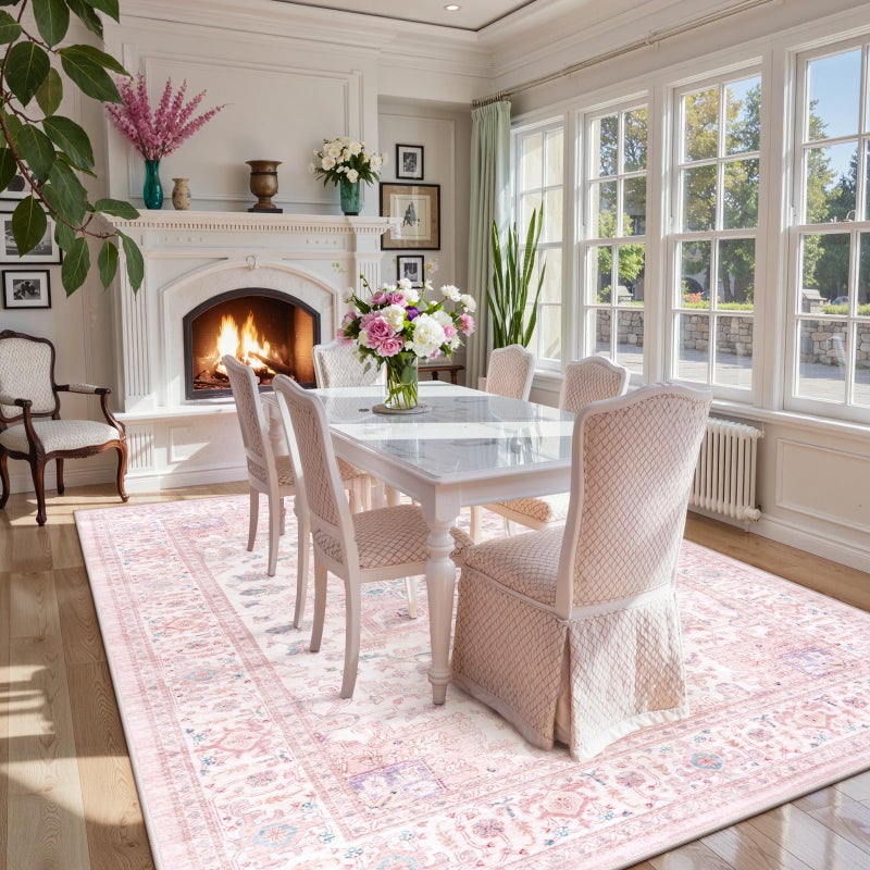 LIVEBOX Pink Washable Area Rug 8x10 - Large Vintage Tribal Living Room Rug Oriental for Bedroom, Non-Slip Retro Medallion Carpet Print Distressed for Dining Room Nursery Dorm Home Decor - Image 4