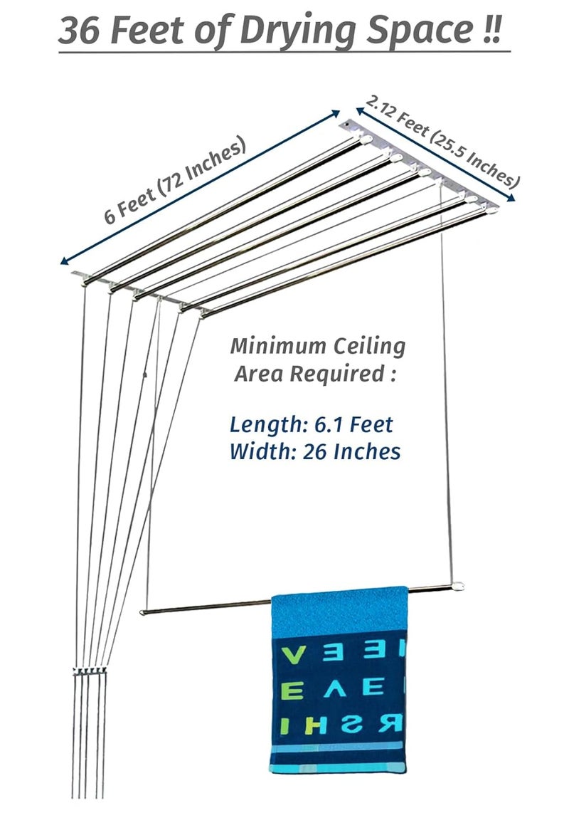 Synergy 6 Pipes x 6 Feet Heavy Duty Stainless Steel Ceiling Cloth DryerCloth HangerCloth Drying Stand for BalconyClothes Stand for Drying with Individual Drop Down Pipes SYCL3 - Image 2