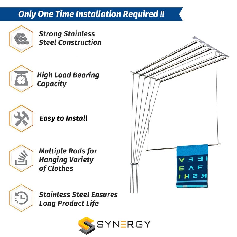 Synergy 6 Pipes x 6 Feet Heavy Duty Stainless Steel Ceiling Cloth DryerCloth HangerCloth Drying Stand for BalconyClothes Stand for Drying with Individual Drop Down Pipes SYCL3 - Image 4