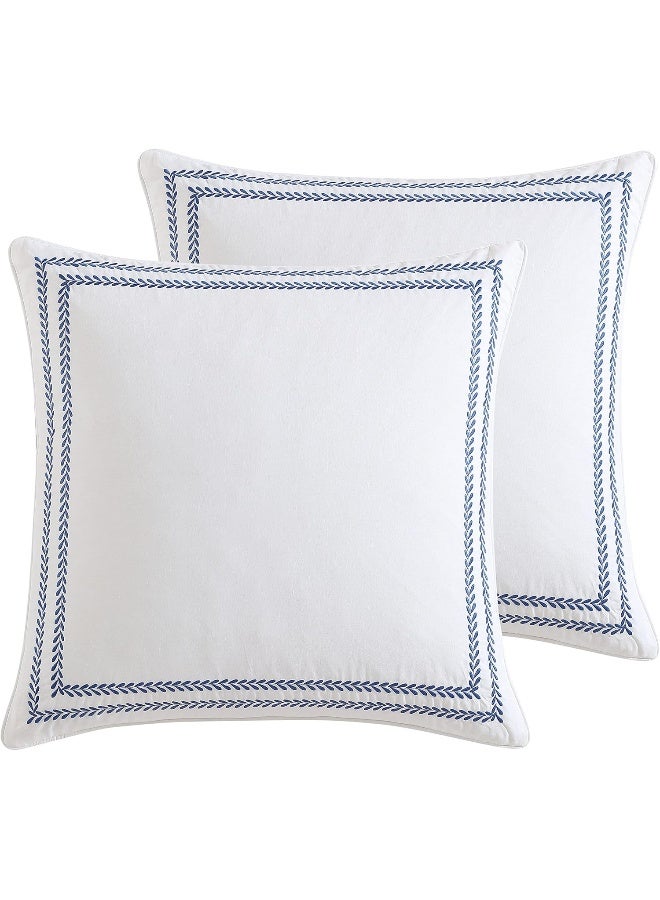 LAURA ASHLEY Laura Ashley Cotton 2 Piece Pillow Sham Set, Farmhouse Home Décor, Euro, Stitched Vine Blue  - Image 1