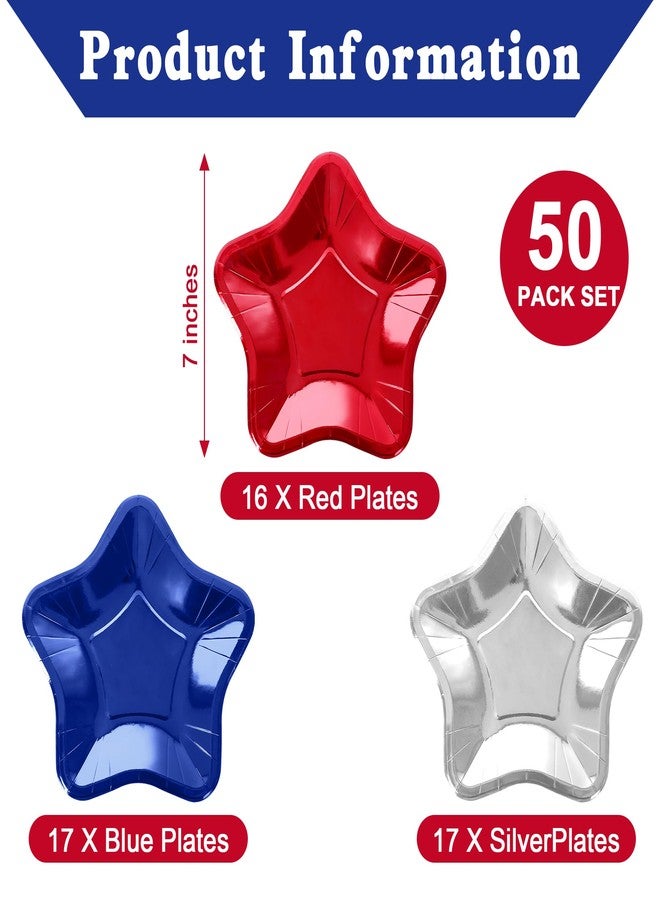 QZYL 50 PCS 4th of July Plates, 7" Disposable 250 Anniversary Patriotic Star-shaped Party Supplies, Red Silver Blue Independence Day Paper Plates, Fourth of July Accessories for USA Celebration - Image 2