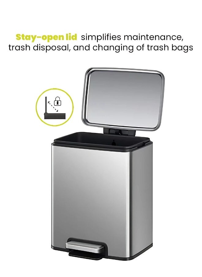 EKO - EKO Madison 6L / 1.6 Gal Bathroom Trash Can with Lid and Removable Inner Basket, Rectangular Small Step Trash Can, Brushed Stainless Steel - Image 1