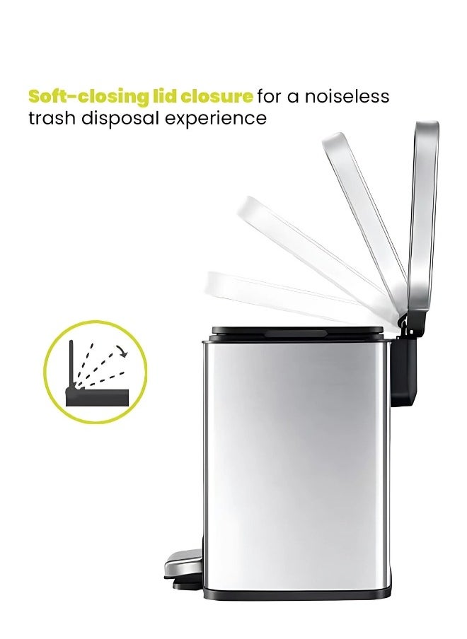 EKO - EKO Madison 6L / 1.6 Gal Bathroom Trash Can with Lid and Removable Inner Basket, Rectangular Small Step Trash Can, Brushed Stainless Steel - Image 1