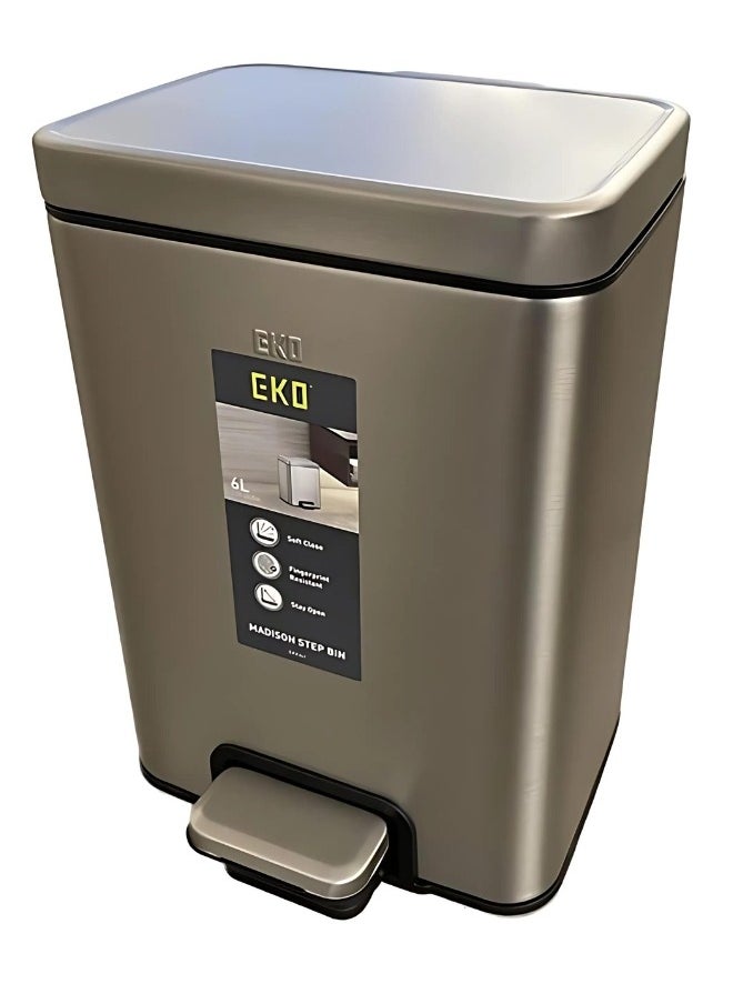 EKO - EKO Madison 6L / 1.6 Gal Bathroom Trash Can with Lid and Removable Inner Basket, Rectangular Small Step Trash Can, Brushed Stainless Steel - Image 1