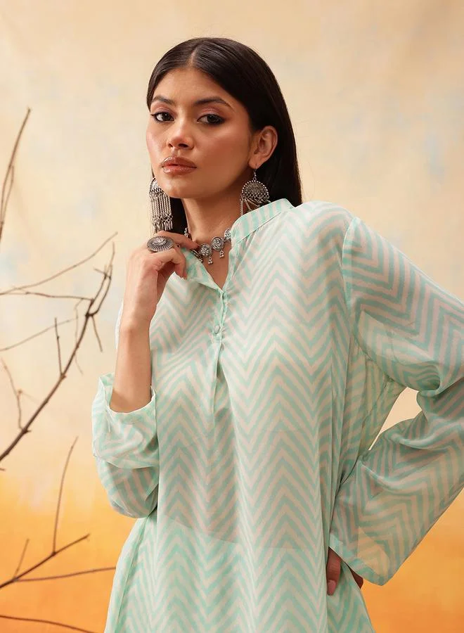 STREET 9 STREET 9 Green Chevron Print Longline Shirt and Trousers Co-Ords