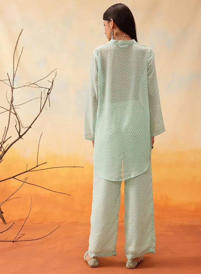 STREET 9 STREET 9 Green Chevron Print Longline Shirt and Trousers Co-Ords