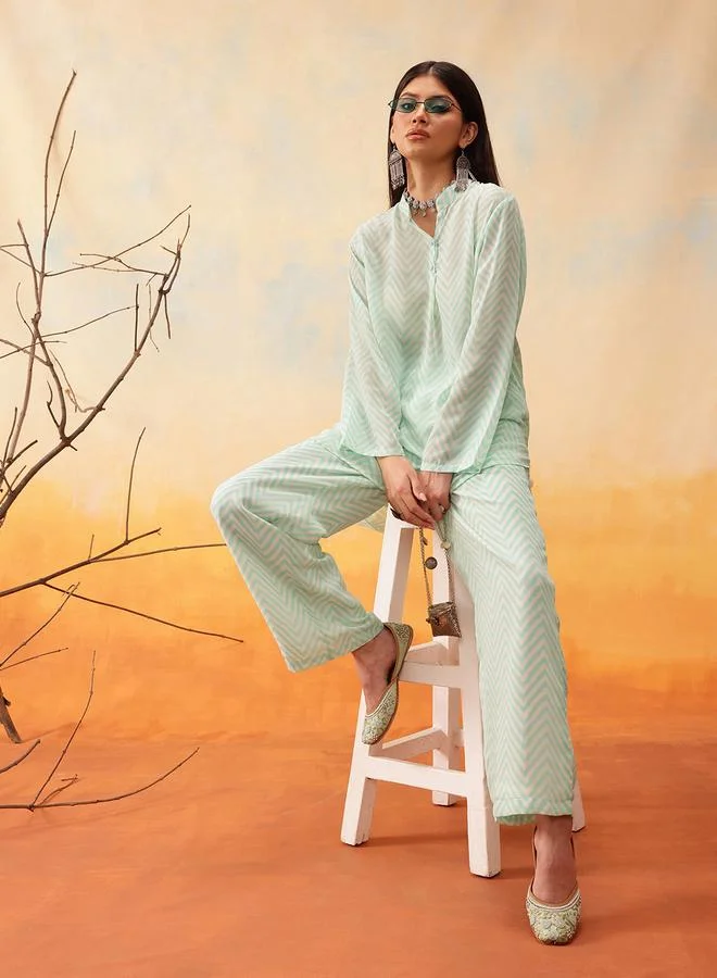 STREET 9 STREET 9 Green Chevron Print Longline Shirt and Trousers Co-Ords