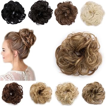 SEGO Synthetic Curly Hair Bun Scrunchie Hair Extensions 30G Scrunchy Wavy Hair Donut Hairpiece Chignon For Women Light Brown Ash Blonde - Image 1