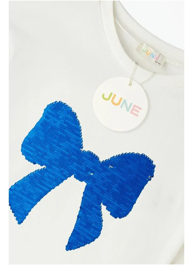JUNE June Girl Spinning Bow Sequined Tshirt Ecru