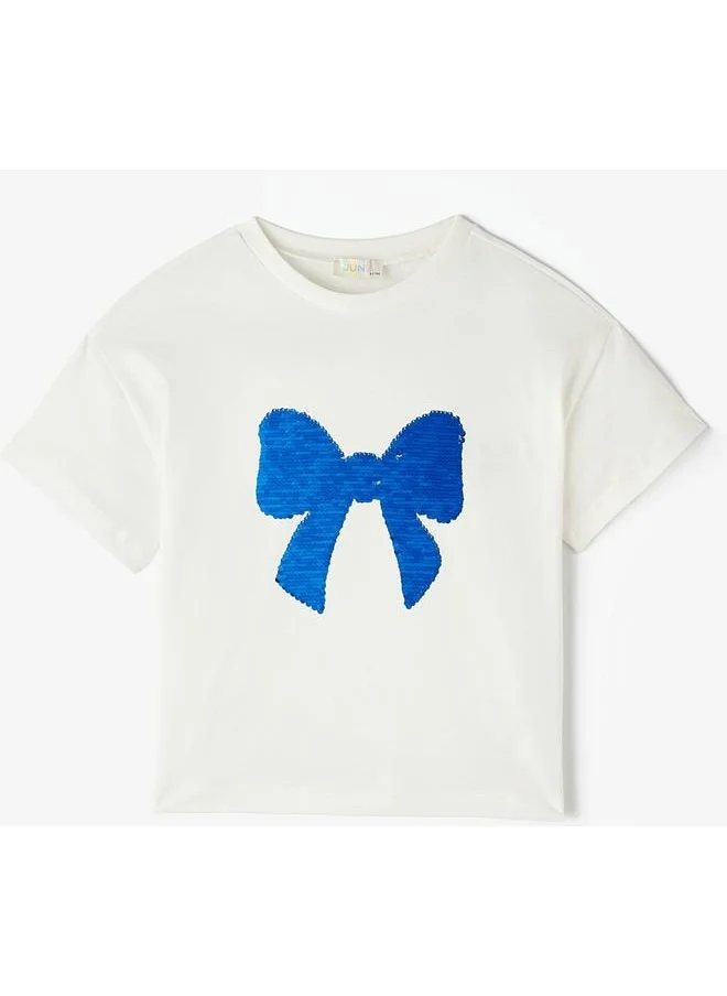 JUNE June Girl Spinning Bow Sequined Tshirt Ecru