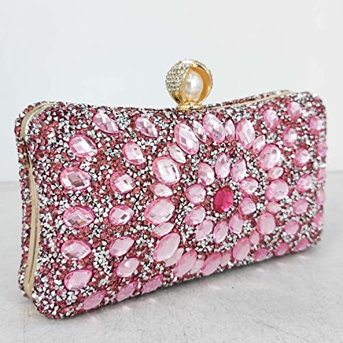 Boutique De FGG Pearl Clasp Crystal Clutch Purses for Women Evening Bags Wedding Handbag Party Rhinestone Clutch Bag,Mini,Pink - Image 4