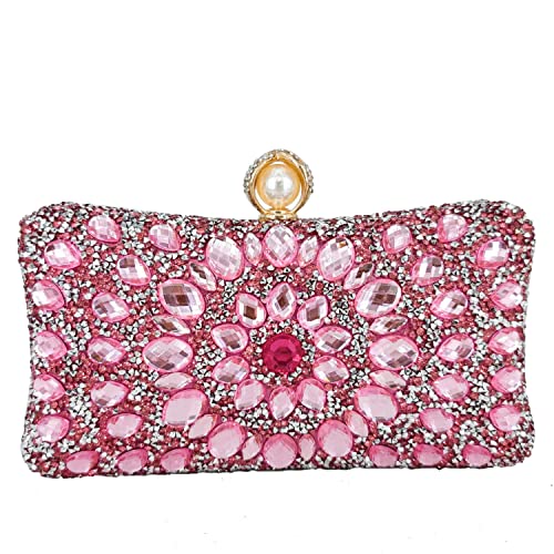 Boutique De FGG Pearl Clasp Crystal Clutch Purses for Women Evening Bags Wedding Handbag Party Rhinestone Clutch Bag,Mini,Pink - Image 1