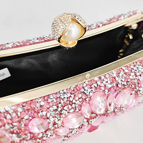 Boutique De FGG Pearl Clasp Crystal Clutch Purses for Women Evening Bags Wedding Handbag Party Rhinestone Clutch Bag,Mini,Pink - Image 5