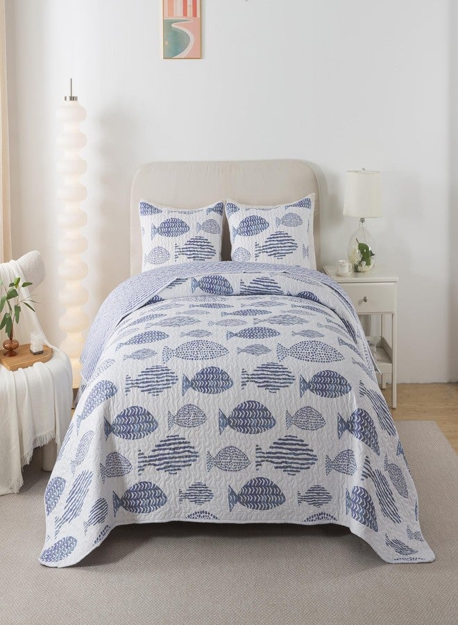 SLPR Sea of Dreams 3-Piece Quilt Set - Queen Size with 2 Shams, Blue and White Ocean-Inspired Bedding Set, Nautical Fish Design, Lake Themed Coastal Quilted Bedspread for Modern Maritime Decor - Image 2