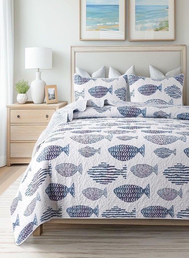 SLPR Sea of Dreams 3-Piece Quilt Set - Queen Size with 2 Shams, Blue and White Ocean-Inspired Bedding Set, Nautical Fish Design, Lake Themed Coastal Quilted Bedspread for Modern Maritime Decor - Image 1