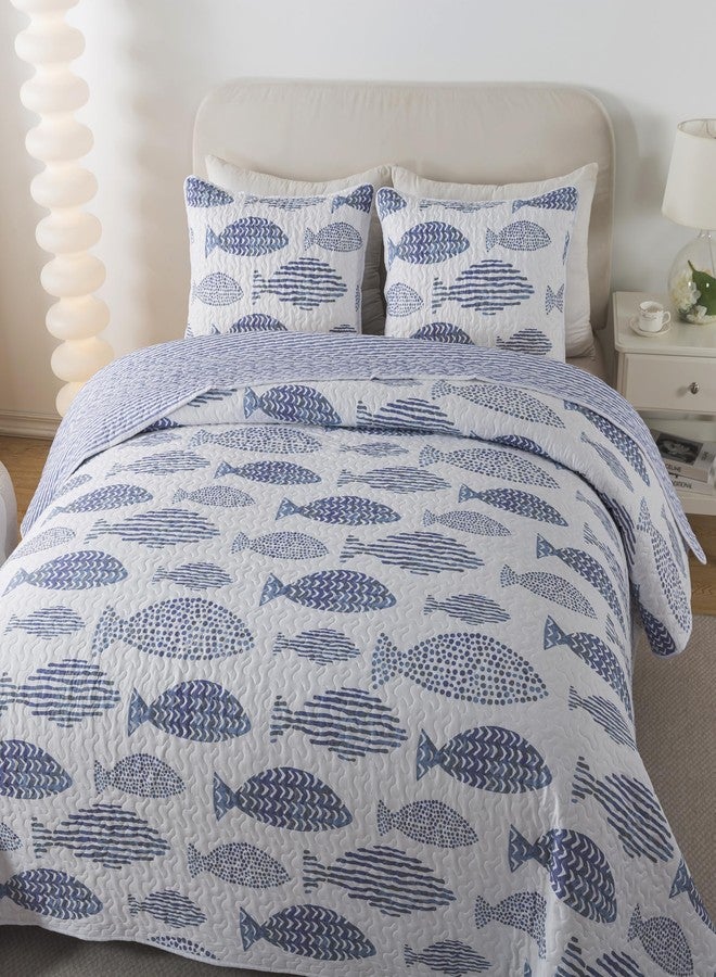 SLPR Sea of Dreams 3-Piece Quilt Set - Queen Size with 2 Shams, Blue and White Ocean-Inspired Bedding Set, Nautical Fish Design, Lake Themed Coastal Quilted Bedspread for Modern Maritime Decor - Image 3