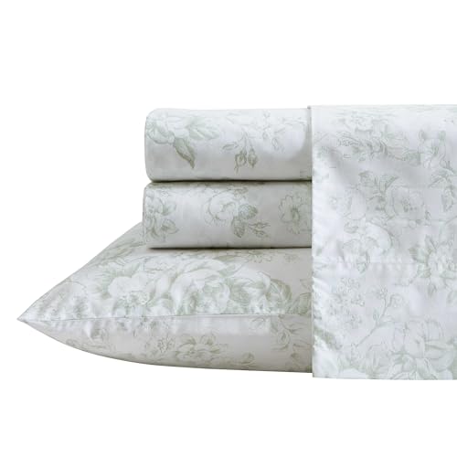 Laura Ashley Twin XL Sheet Set Crisp Lightweight Cotton Percale Bedding with Fitted Sheet and Pillowcase Floral Room Decor Deep Pocket College Dorm Room Essentials Toile Delight Green - Image 1