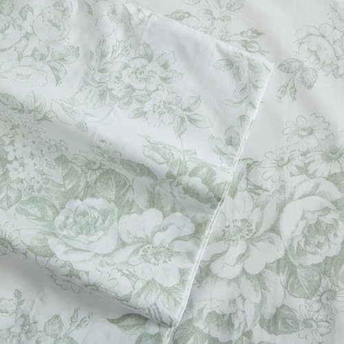 Laura Ashley Twin XL Sheet Set Crisp Lightweight Cotton Percale Bedding with Fitted Sheet and Pillowcase Floral Room Decor Deep Pocket College Dorm Room Essentials Toile Delight Green - Image 3