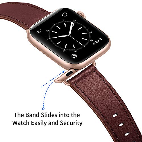OUHENG Leather Bands Compatible with Apple Watch Band 49mm/46mm/45mm/44mm/42mm, Genuine Leather Strap for iWatch Series 11/10/9/8/7/6/5/4/3/2/1 & Ultra 3/2/1 & SE3 SE2 SE, Wine Red/Rose Gold - Image 4