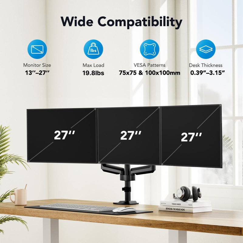 HUANUO Triple Monitor Mount for 13-27 inch Computer Screens, Gaming 3 Monitor Desk Mount with Arm Holds 19.8lbs, Triple Monitors Stand with Tilt, Swivel, Rotation, VESA 75x75, 100x100mm - Image 2
