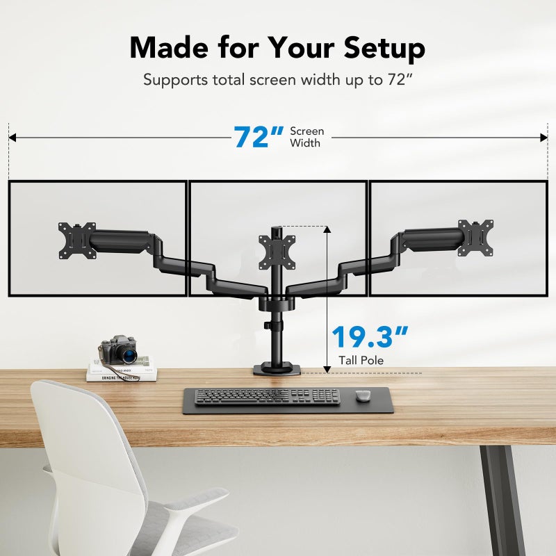 HUANUO Triple Monitor Mount for 13-27 inch Computer Screens, Gaming 3 Monitor Desk Mount with Arm Holds 19.8lbs, Triple Monitors Stand with Tilt, Swivel, Rotation, VESA 75x75, 100x100mm - Image 5