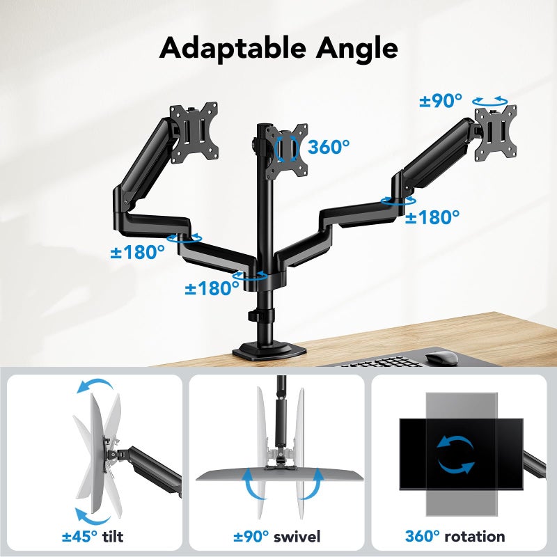 HUANUO Triple Monitor Mount for 13-27 inch Computer Screens, Gaming 3 Monitor Desk Mount with Arm Holds 19.8lbs, Triple Monitors Stand with Tilt, Swivel, Rotation, VESA 75x75, 100x100mm - Image 4