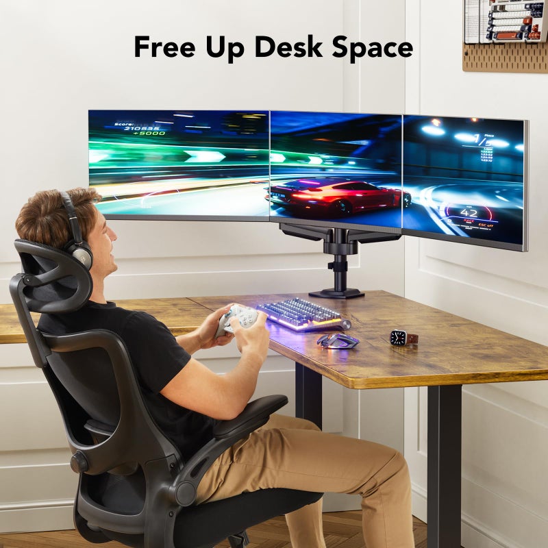 HUANUO Triple Monitor Mount for 13-27 inch Computer Screens, Gaming 3 Monitor Desk Mount with Arm Holds 19.8lbs, Triple Monitors Stand with Tilt, Swivel, Rotation, VESA 75x75, 100x100mm - Image 3