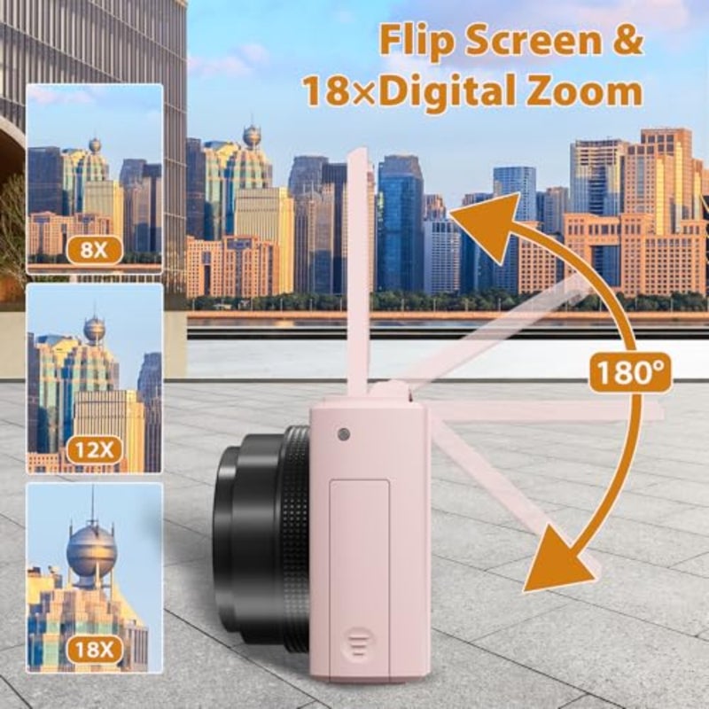 4K Digital Camera for Photography, 64MP Compact Vlogging Camera with WiFi and 3" 180° Flip Screen, 18X Digital Zoom, Ideal for YouTube Creators, Includes 2 Batteries and 32GB Micro SD Card, Pink - Image 4