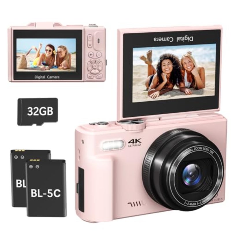 4K Digital Camera for Photography, 64MP Compact Vlogging Camera with WiFi and 3" 180° Flip Screen, 18X Digital Zoom, Ideal for YouTube Creators, Includes 2 Batteries and 32GB Micro SD Card, Pink - Image 1