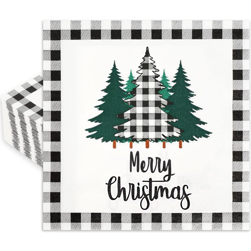 Whaline 80 Pack Christmas Napkins Paper Xmas Tree Black White Buffalo Plaid Edge Pattern Disposable Napkins 6.5 Inch Merry Christmas Cocktail Napkins for Xmas Party Winter Holiday Dinner Supplies - Image 1