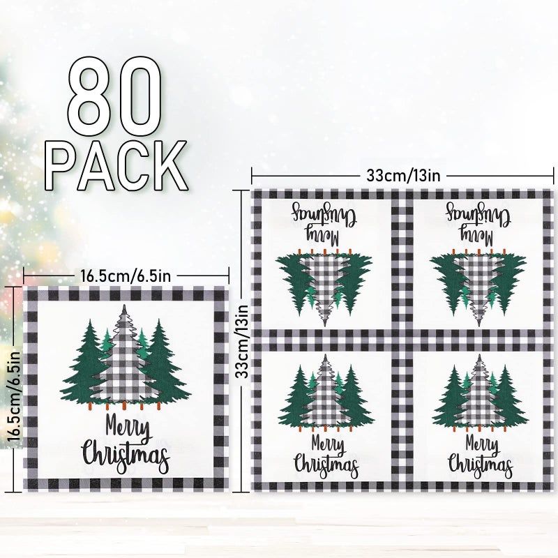 Whaline 80 Pack Christmas Napkins Paper Xmas Tree Black White Buffalo Plaid Edge Pattern Disposable Napkins 6.5 Inch Merry Christmas Cocktail Napkins for Xmas Party Winter Holiday Dinner Supplies - Image 2