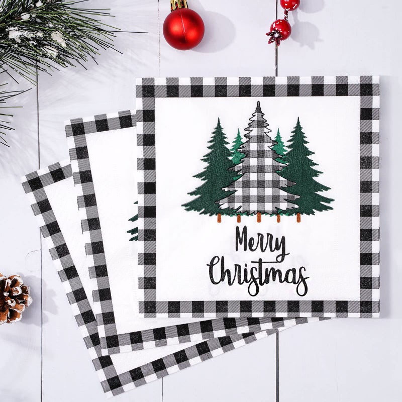 Whaline 80 Pack Christmas Napkins Paper Xmas Tree Black White Buffalo Plaid Edge Pattern Disposable Napkins 6.5 Inch Merry Christmas Cocktail Napkins for Xmas Party Winter Holiday Dinner Supplies - Image 4