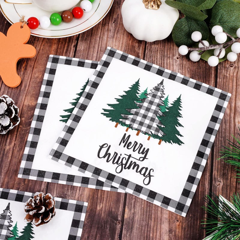 Whaline 80 Pack Christmas Napkins Paper Xmas Tree Black White Buffalo Plaid Edge Pattern Disposable Napkins 6.5 Inch Merry Christmas Cocktail Napkins for Xmas Party Winter Holiday Dinner Supplies - Image 5