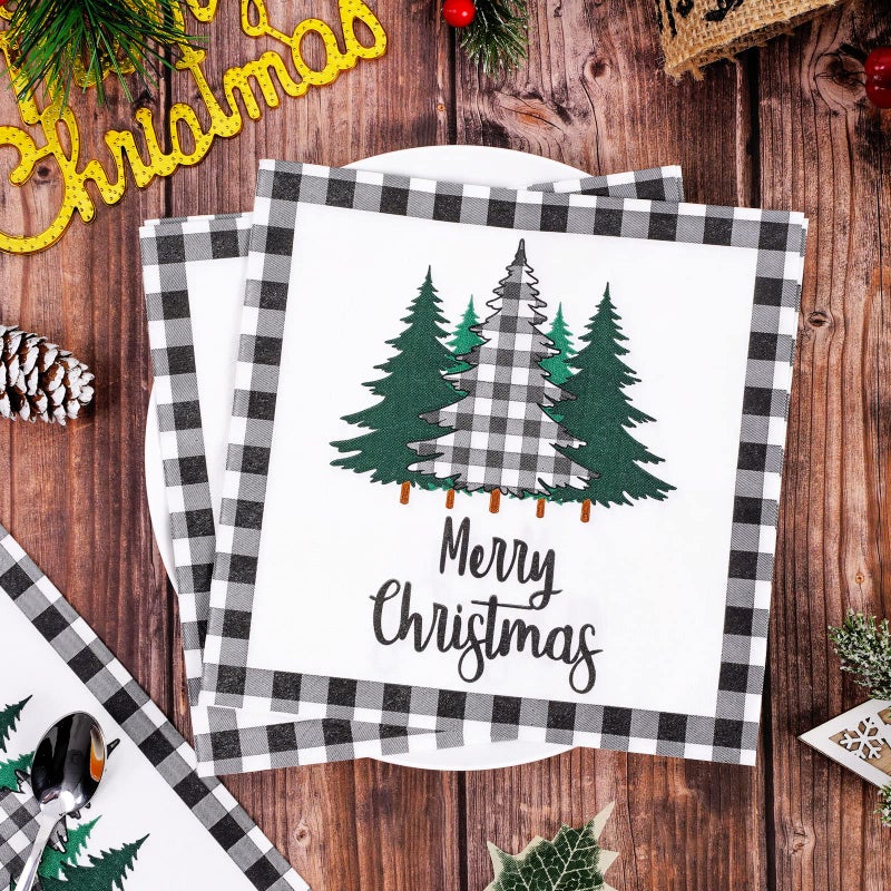 Whaline 80 Pack Christmas Napkins Paper Xmas Tree Black White Buffalo Plaid Edge Pattern Disposable Napkins 6.5 Inch Merry Christmas Cocktail Napkins for Xmas Party Winter Holiday Dinner Supplies - Image 3