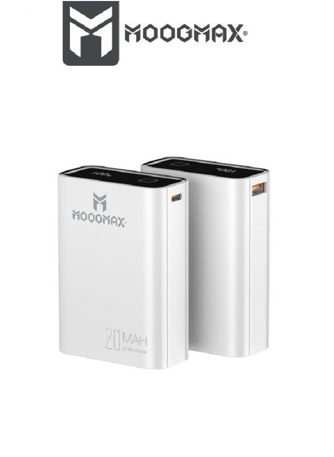 Marvel power bank 20000mAh with 22.5W, and an elegant design, small Mini size and weight, two ports (Type-C) & (USB-A), portable power bank fast charging, and a digital display screen. White color