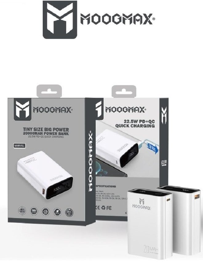 Marvel power bank 20000mAh with 22.5W, and an elegant design, small Mini size and weight, two ports (Type-C) & (USB-A), portable power bank fast charging, and a digital display screen. White color