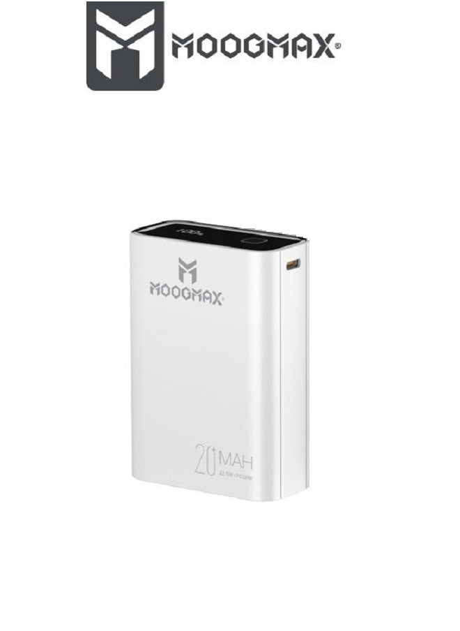 Marvel power bank 20000mAh with 22.5W, and an elegant design, small Mini size and weight, two ports (Type-C) & (USB-A), portable power bank fast charging, and a digital display screen. White color